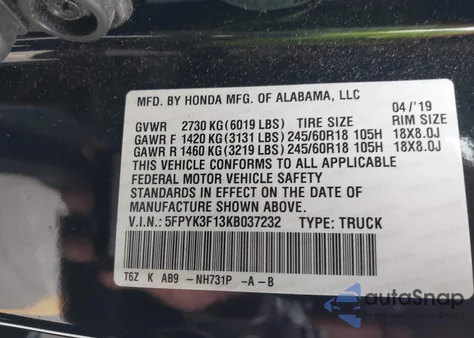 2019 Honda Ridgeline Sport from USA, damaged, VIN 5FPYK3F13KB037232